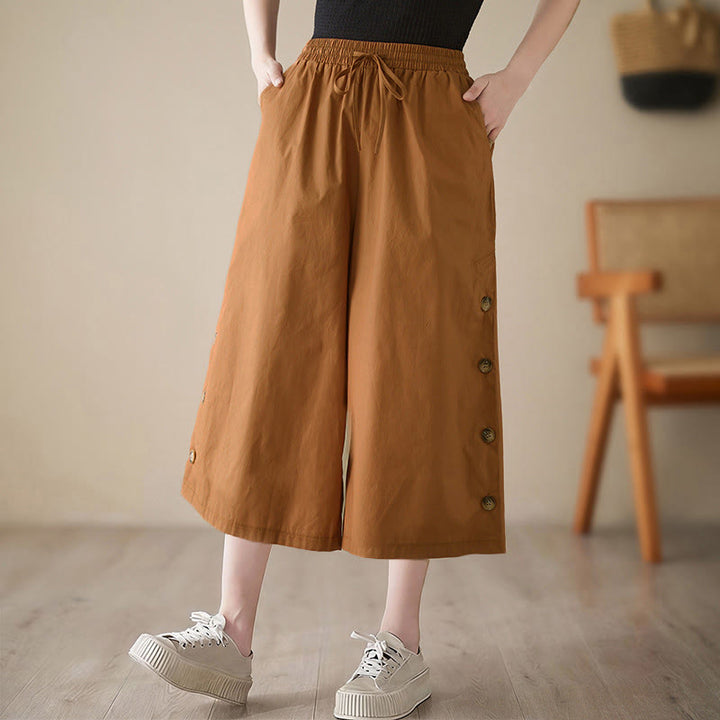 Buddha Stones Pantalones capri de pierna ancha para mujer con diseño abotonado lateral liso y bolsillos - Chocolate - US8-10，UK/AU12-14，EU40-42 (2XL) - image 1