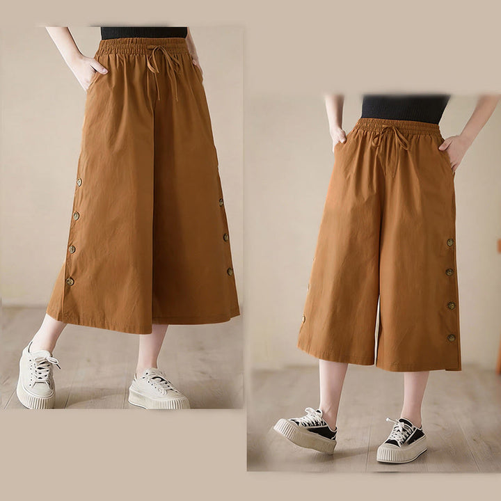 Buddha Stones Pantalones capri de pierna ancha para mujer con diseño abotonado lateral liso y bolsillos - image 4
