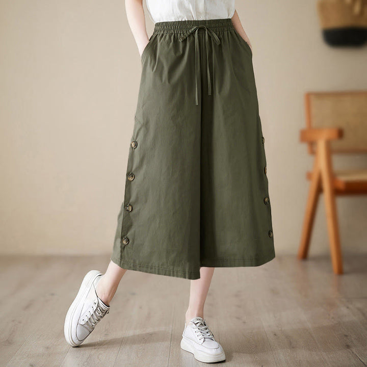 Buddha Stones Pantalones capri de pierna ancha para mujer con diseño abotonado lateral liso y bolsillos - Verde oliva oscuro - US8-10，UK/AU12-14，EU40-42 (2XL) - image 10