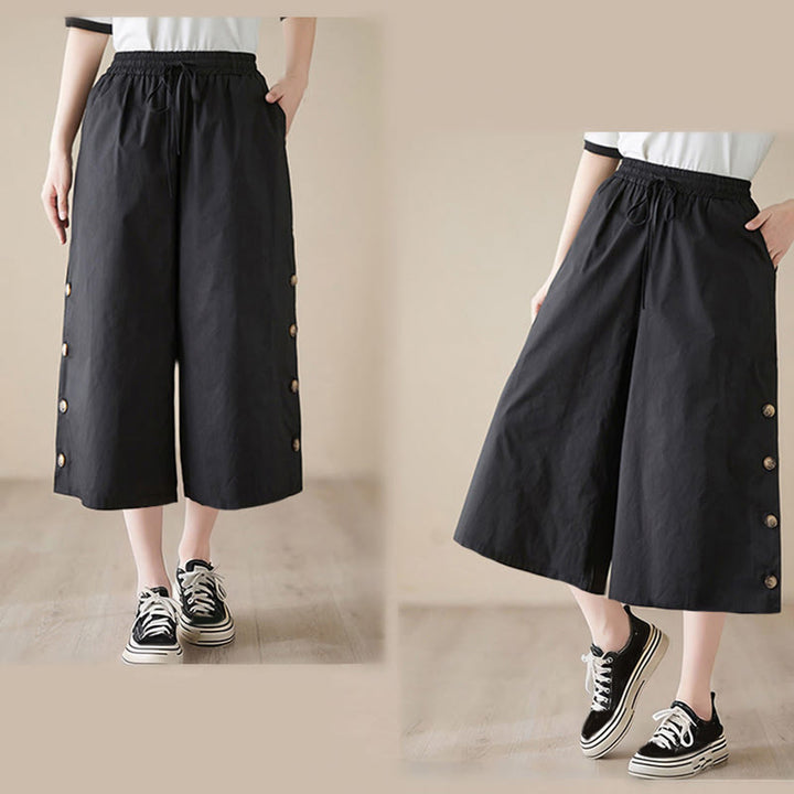 Buddha Stones Pantalones capri de pierna ancha para mujer con diseño abotonado lateral liso y bolsillos - image 8