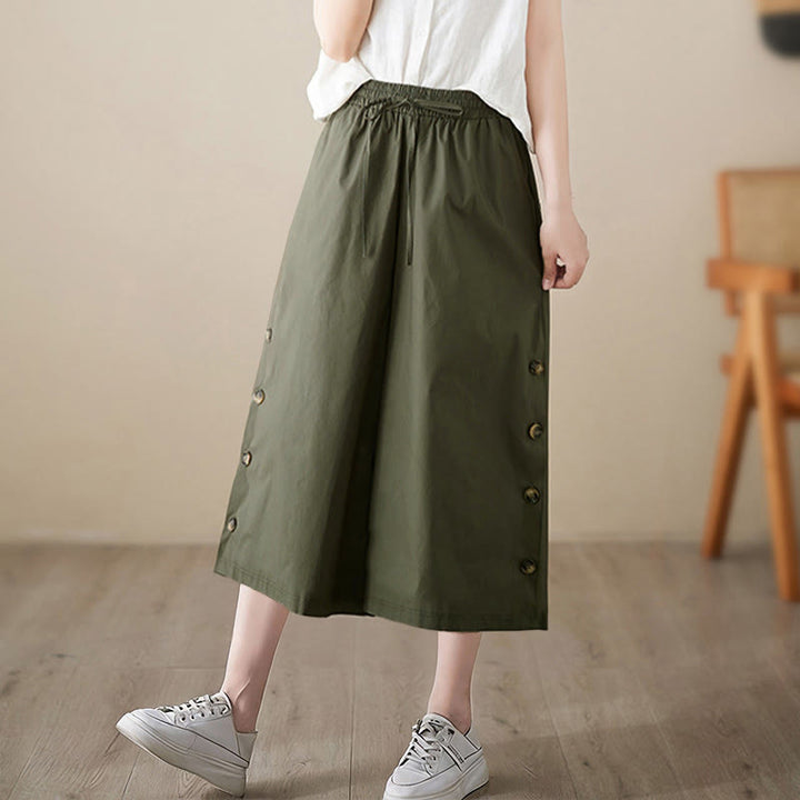 Buddha Stones Pantalones capri de pierna ancha para mujer con diseño abotonado lateral liso y bolsillos - image 11