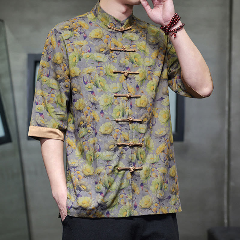 Buddha Stones Camisa de algodón para hombre, de manga corta, con estampado floral de hojas y botones de rana, de verano - image 9