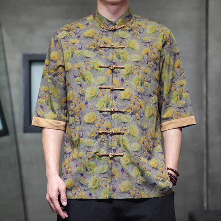 Buddha Stones Camisa de algodón para hombre, de manga corta, con estampado floral de hojas y botones de rana, de verano - image 8