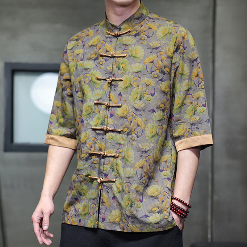 Buddha Stones Camisa de algodón para hombre, de manga corta, con estampado floral de hojas y botones de rana, de verano - Cardo - US/UK/AU46, EU56 (5XL) - image 7