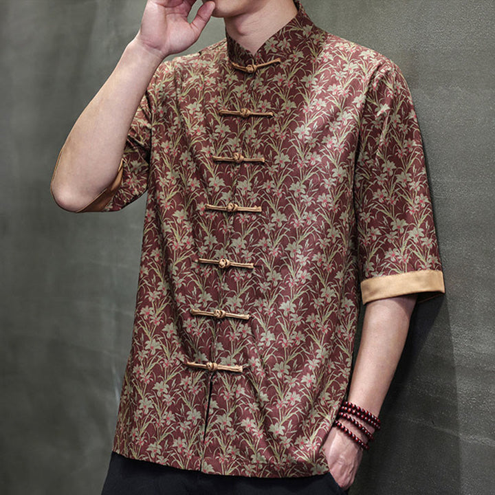 Buddha Stones Camisa de algodón para hombre, de manga corta, con estampado floral de hojas y botones de rana, de verano - image 6