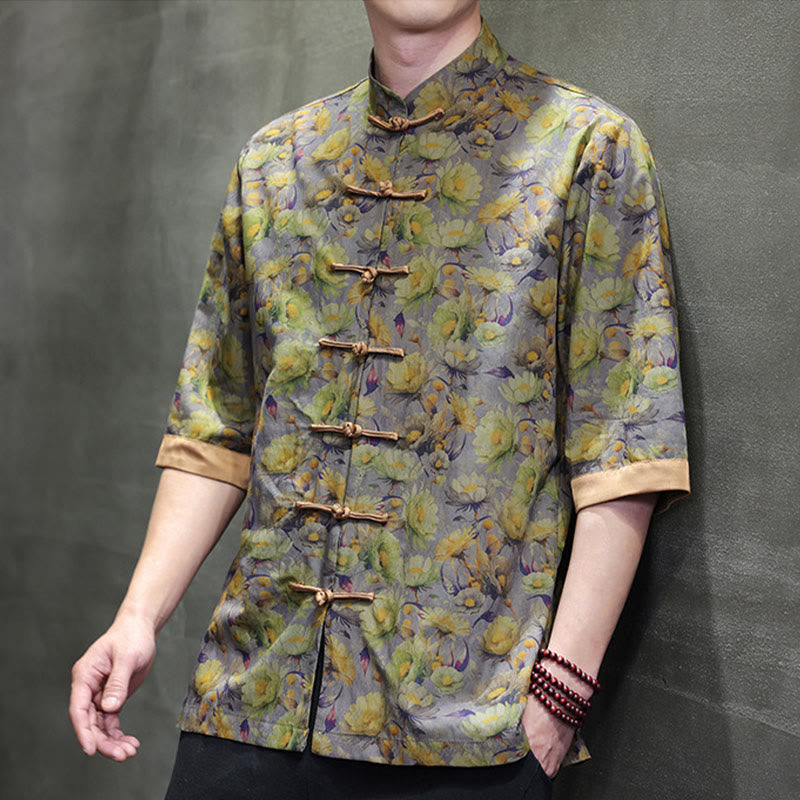 Buddha Stones Camisa de algodón para hombre, de manga corta, con estampado floral de hojas y botones de rana, de verano - image 12