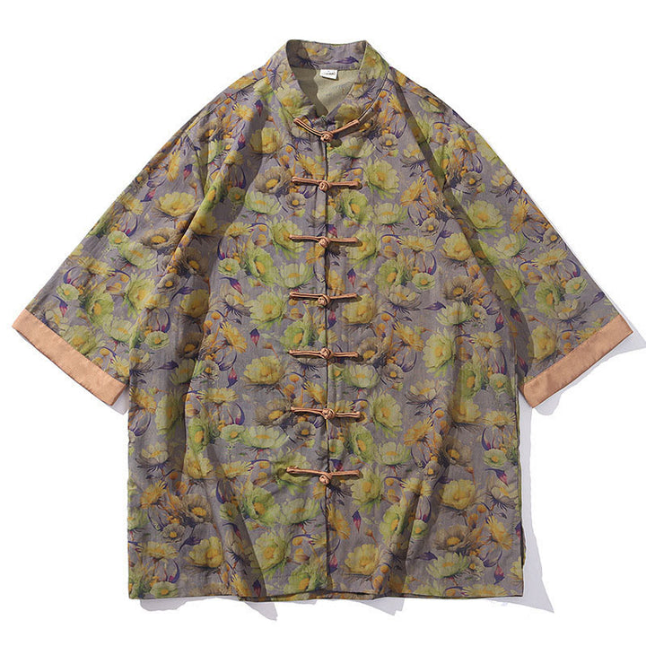 Buddha Stones Camisa de algodón para hombre, de manga corta, con estampado floral de hojas y botones de rana, de verano - image 17