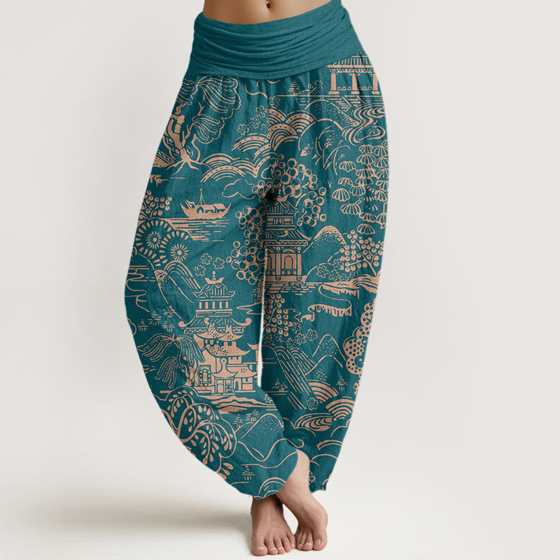 Buddha Stones Pantalones harén de algodón con cintura elástica para mujer, con diseño de nubes y árboles - Verde azulado - US16，UK/AU20，EU48 (3XL) - image 0