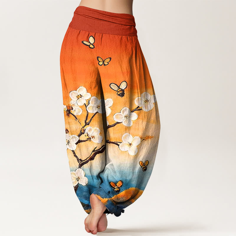 Buddha Stones Pantalones harén de algodón con cintura elástica y estampado de flores, mariposas y abejas de colores para mujer - image 1