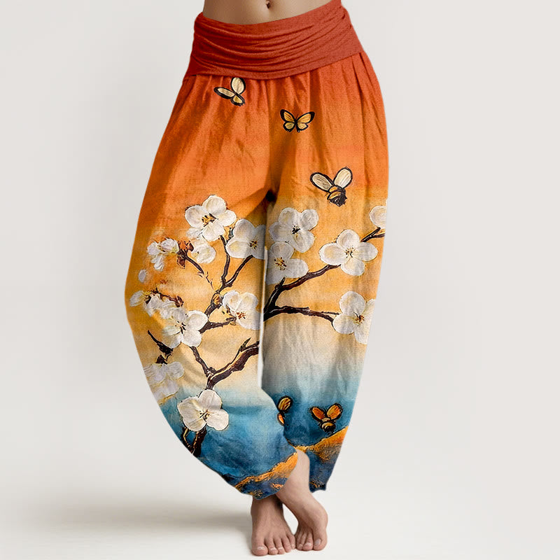 Buddha Stones Pantalones harén de algodón con cintura elástica y estampado de flores, mariposas y abejas de colores para mujer - Naranja oscuro - US16，UK/AU20，EU48 (3XL) - image 0
