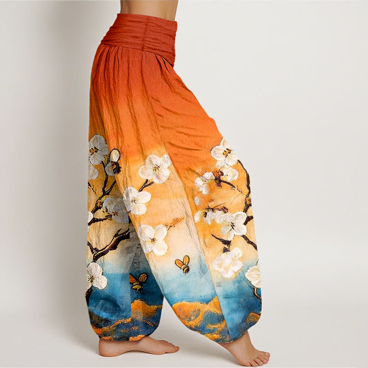 Buddha Stones Pantalones harén de algodón con cintura elástica y estampado de flores, mariposas y abejas de colores para mujer - image 2