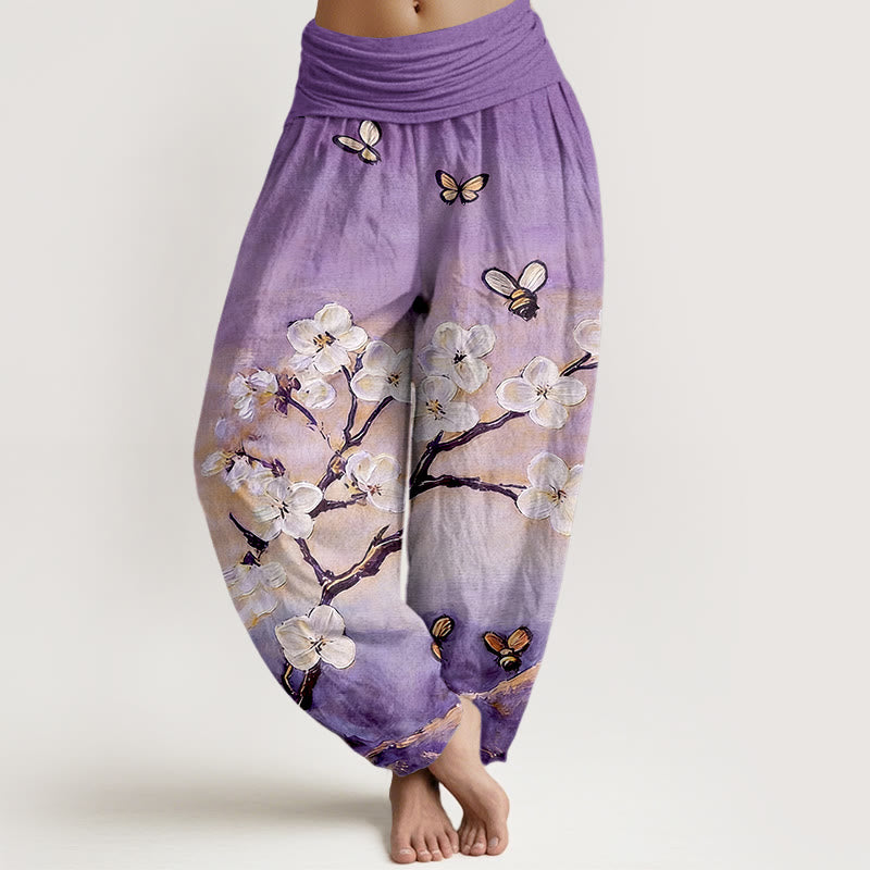 Buddha Stones Pantalones harén de algodón con cintura elástica y estampado de flores, mariposas y abejas de colores para mujer - Morado medio - US16，UK/AU20，EU48 (3XL) - image 5