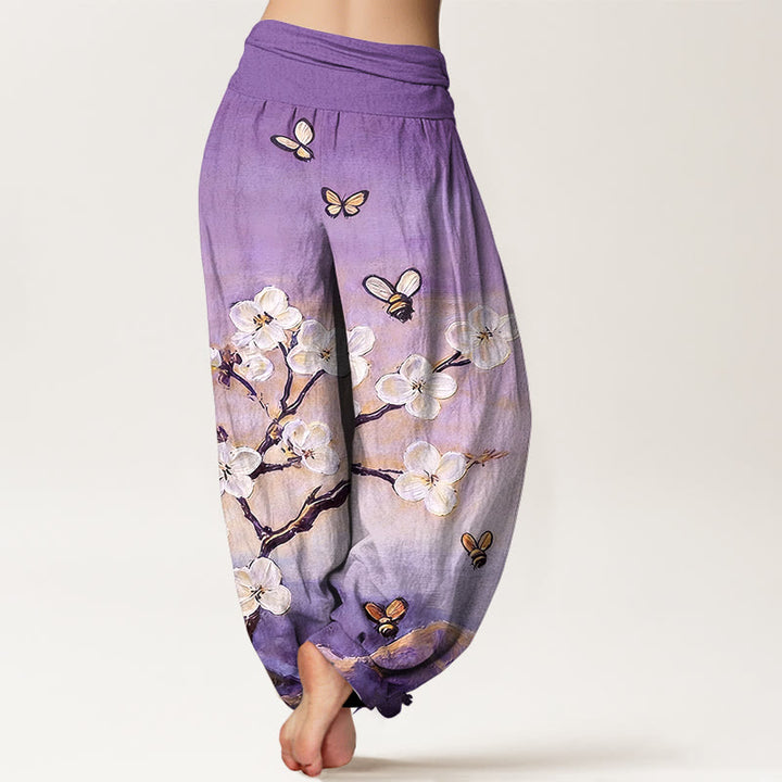 Buddha Stones Pantalones harén de algodón con cintura elástica y estampado de flores, mariposas y abejas de colores para mujer - image 6