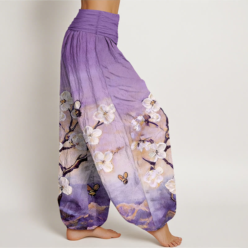 Buddha Stones Pantalones harén de algodón con cintura elástica y estampado de flores, mariposas y abejas de colores para mujer - image 7