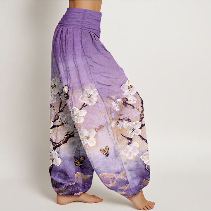 Buddha Stones Pantalones harén de algodón con cintura elástica y estampado de flores, mariposas y abejas de colores para mujer - image 7