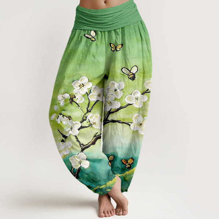 Buddha Stones Pantalones harén de algodón con cintura elástica y estampado de flores, mariposas y abejas de colores para mujer - Primavera verde - US16，UK/AU20，EU48 (3XL) - image 8