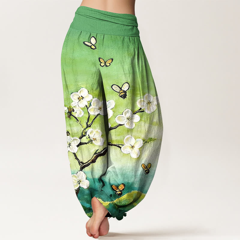 Buddha Stones Pantalones harén de algodón con cintura elástica y estampado de flores, mariposas y abejas de colores para mujer - image 9
