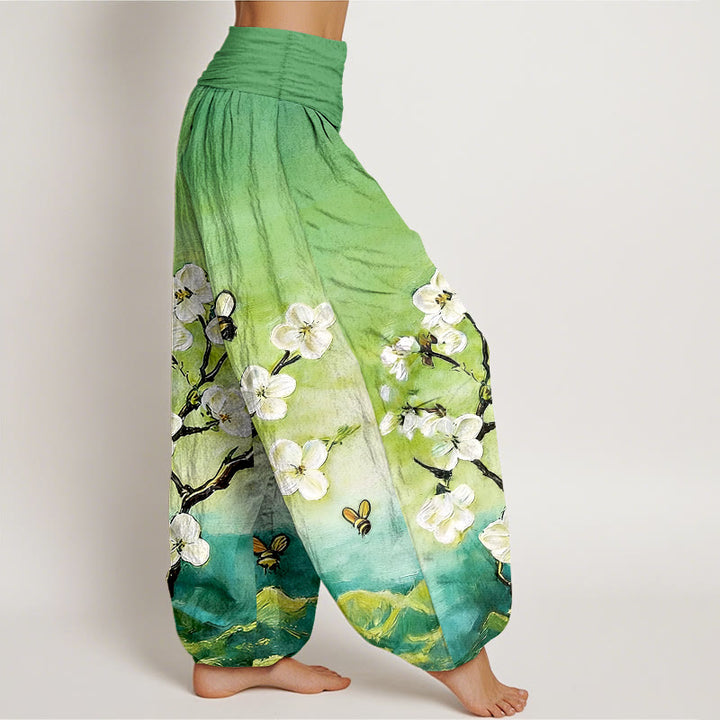 Buddha Stones Pantalones harén de algodón con cintura elástica y estampado de flores, mariposas y abejas de colores para mujer - image 10