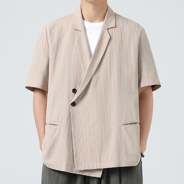 Buddha Stones Camisa de lino y algodón para hombre, de manga corta, asimétrica, con cuello de solapa y bolsillos, de primavera - image 21