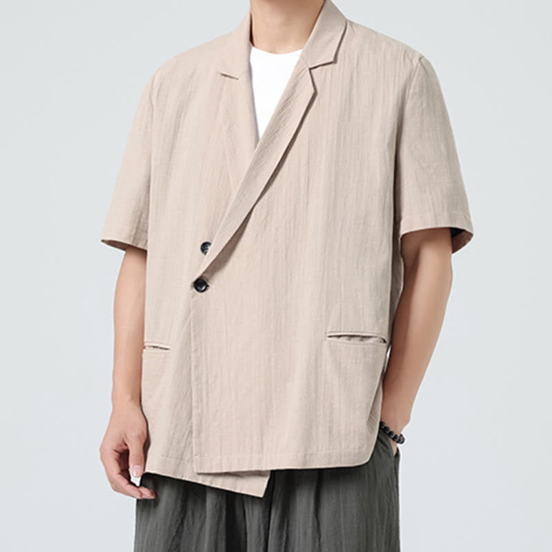 Buddha Stones Camisa de lino y algodón para hombre, de manga corta, asimétrica, con cuello de solapa y bolsillos, de primavera - image 20