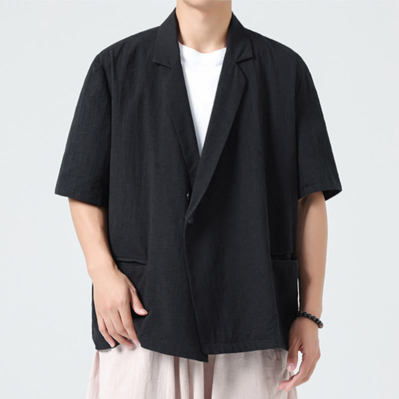Buddha Stones Camisa de lino y algodón para hombre, de manga corta, asimétrica, con cuello de solapa y bolsillos, de primavera - image 13