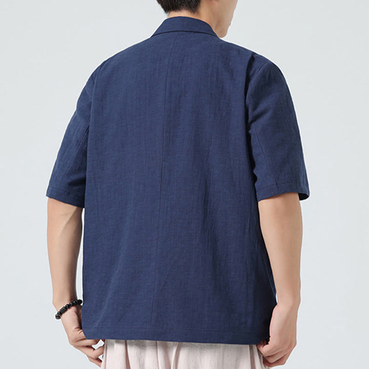 Buddha Stones Camisa de lino y algodón para hombre, de manga corta, asimétrica, con cuello de solapa y bolsillos, de primavera - image 6