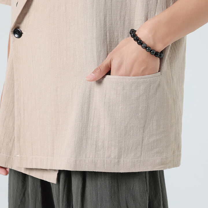 Buddha Stones Camisa de lino y algodón para hombre, de manga corta, asimétrica, con cuello de solapa y bolsillos, de primavera - image 29