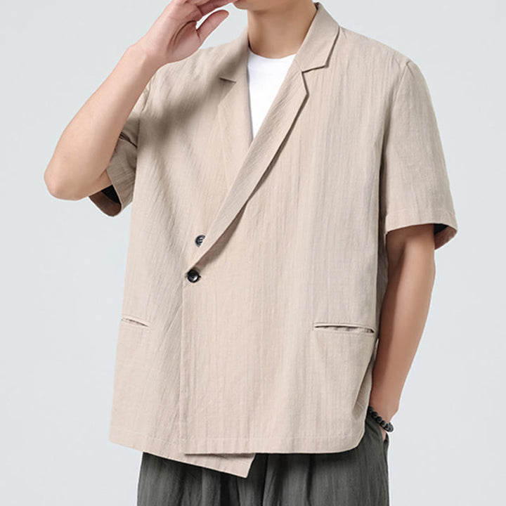 Buddha Stones Camisa de lino y algodón para hombre, de manga corta, asimétrica, con cuello de solapa y bolsillos, de primavera - image 23