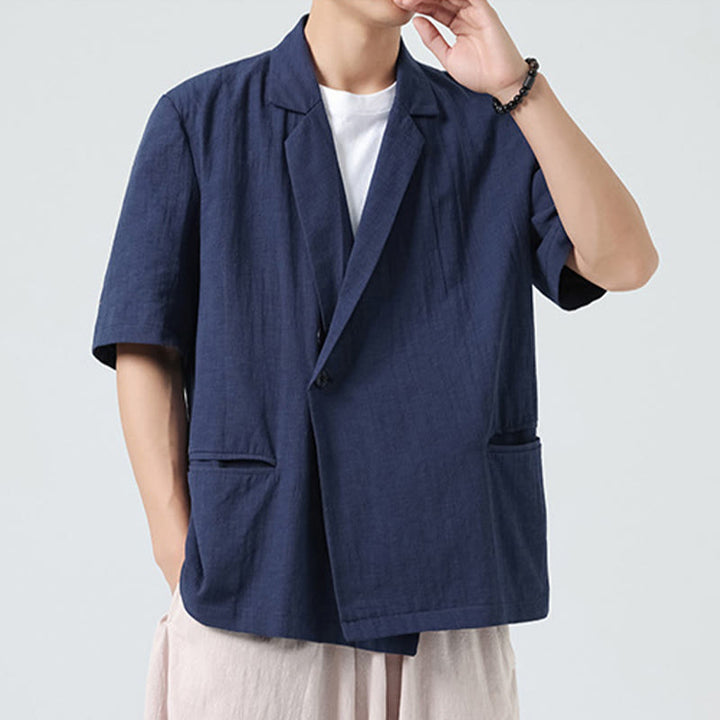 Buddha Stones Camisa de lino y algodón para hombre, de manga corta, asimétrica, con cuello de solapa y bolsillos, de primavera - image 3