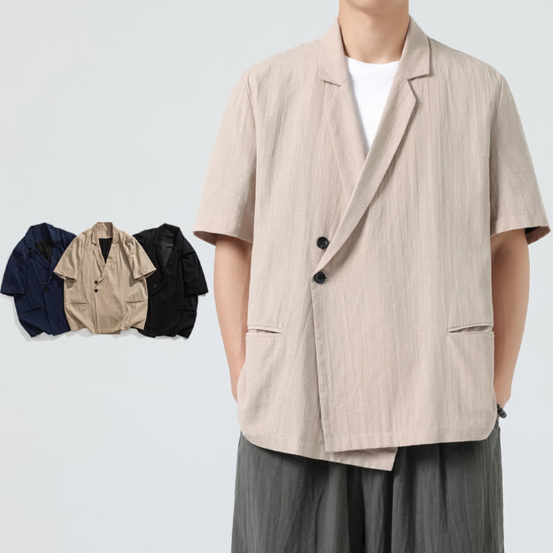 Buddha Stones Camisa de lino y algodón para hombre, de manga corta, asimétrica, con cuello de solapa y bolsillos, de primavera - image 25