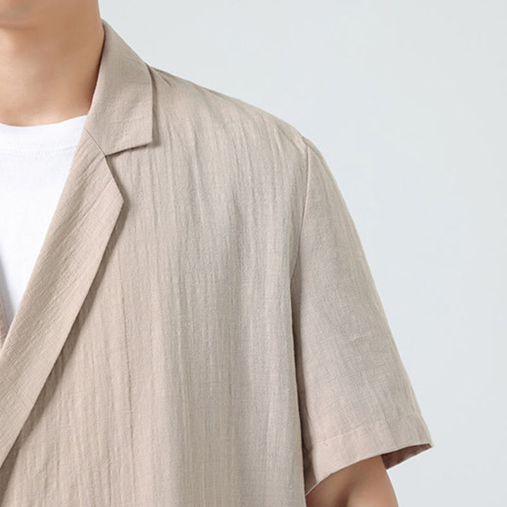 Buddha Stones Camisa de lino y algodón para hombre, de manga corta, asimétrica, con cuello de solapa y bolsillos, de primavera - image 27