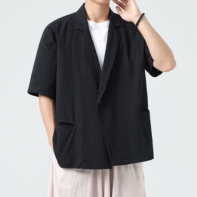 Buddha Stones Camisa de lino y algodón para hombre, de manga corta, asimétrica, con cuello de solapa y bolsillos, de primavera - image 11