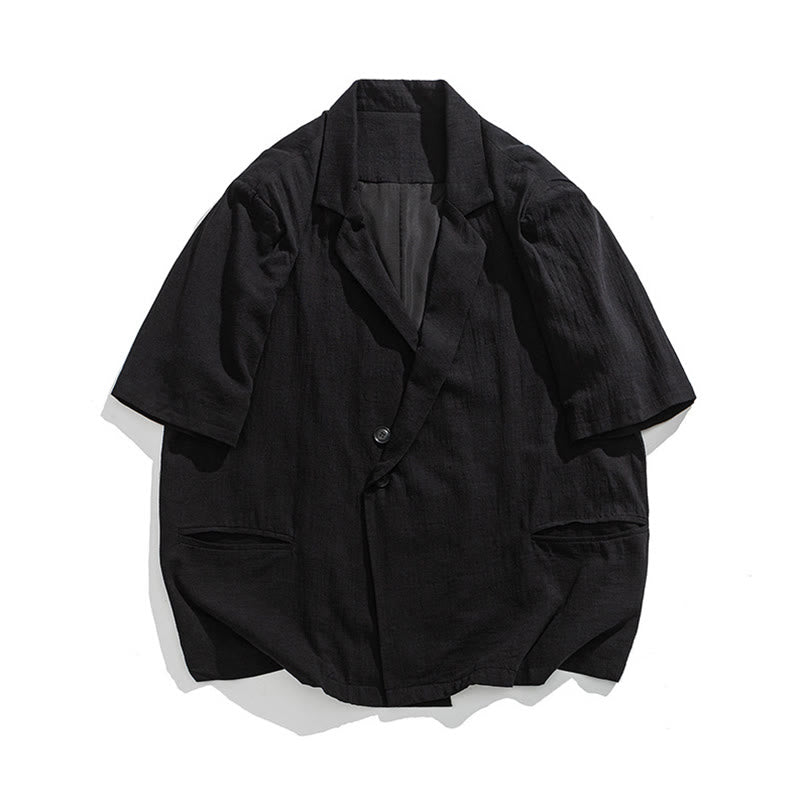 Buddha Stones Camisa de lino y algodón para hombre, de manga corta, asimétrica, con cuello de solapa y bolsillos, de primavera - image 17