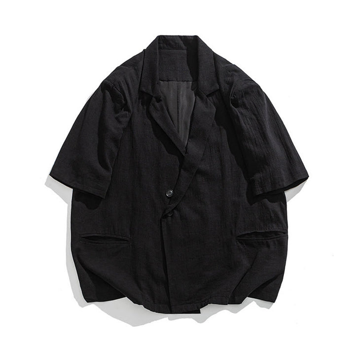 Buddha Stones Camisa de lino y algodón para hombre, de manga corta, asimétrica, con cuello de solapa y bolsillos, de primavera - image 17