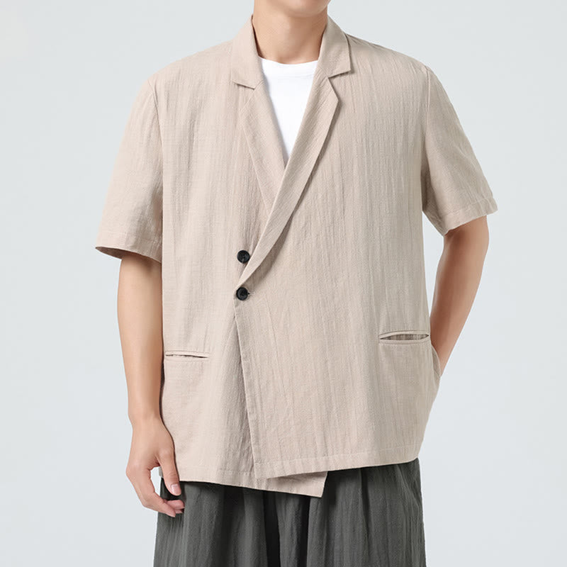 Buddha Stones Camisa de lino y algodón para hombre, de manga corta, asimétrica, con cuello de solapa y bolsillos, de primavera - Trigo - US/UK/AU46, EU56 (5XL) - image 18