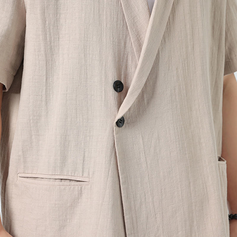 Buddha Stones Camisa de lino y algodón para hombre, de manga corta, asimétrica, con cuello de solapa y bolsillos, de primavera - image 28