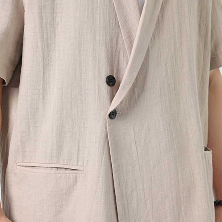 Buddha Stones Camisa de lino y algodón para hombre, de manga corta, asimétrica, con cuello de solapa y bolsillos, de primavera - image 28