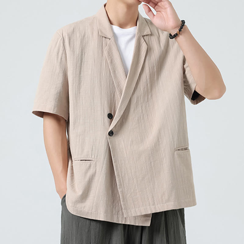 Buddha Stones Camisa de lino y algodón para hombre, de manga corta, asimétrica, con cuello de solapa y bolsillos, de primavera - image 24