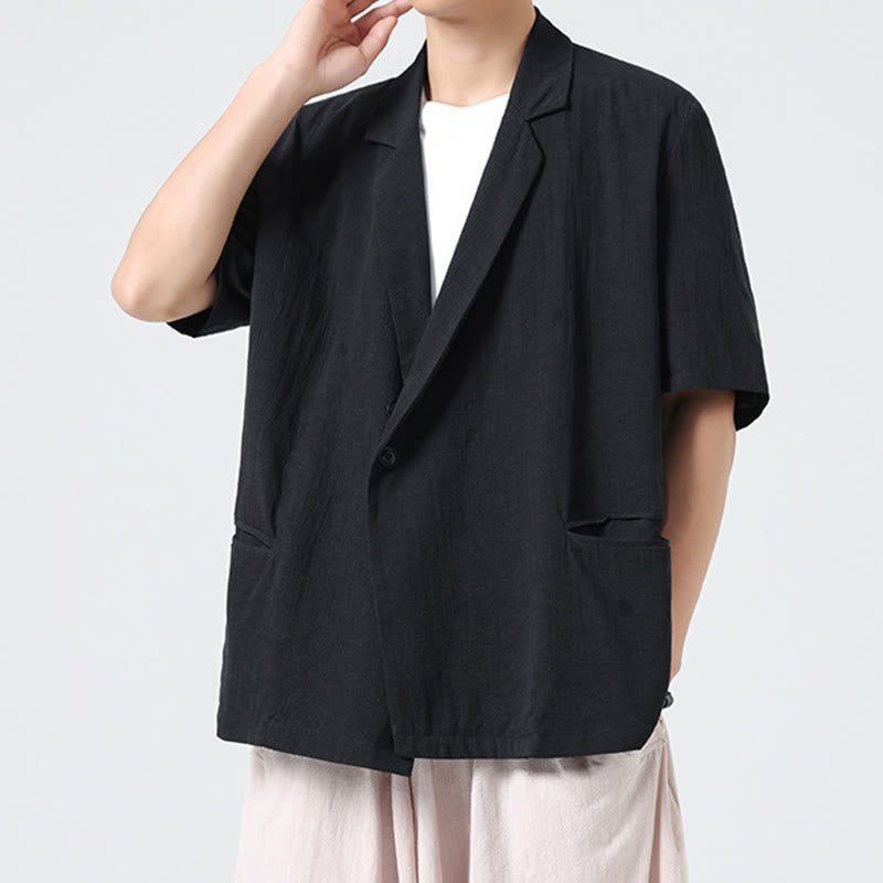 Buddha Stones Camisa de lino y algodón para hombre, de manga corta, asimétrica, con cuello de solapa y bolsillos, de primavera - image 10