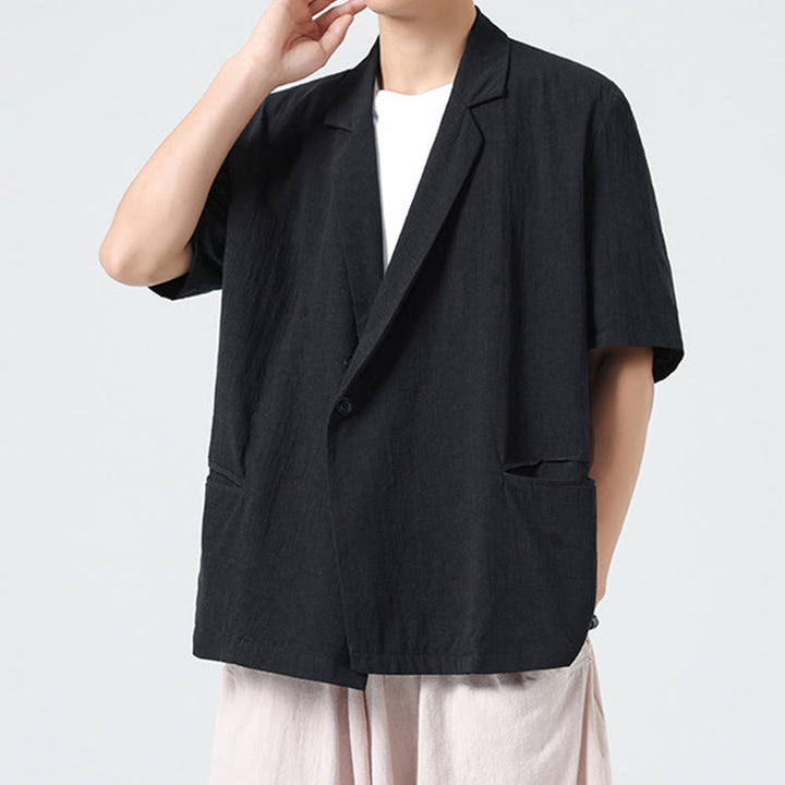 Buddha Stones Camisa de lino y algodón para hombre, de manga corta, asimétrica, con cuello de solapa y bolsillos, de primavera - image 10