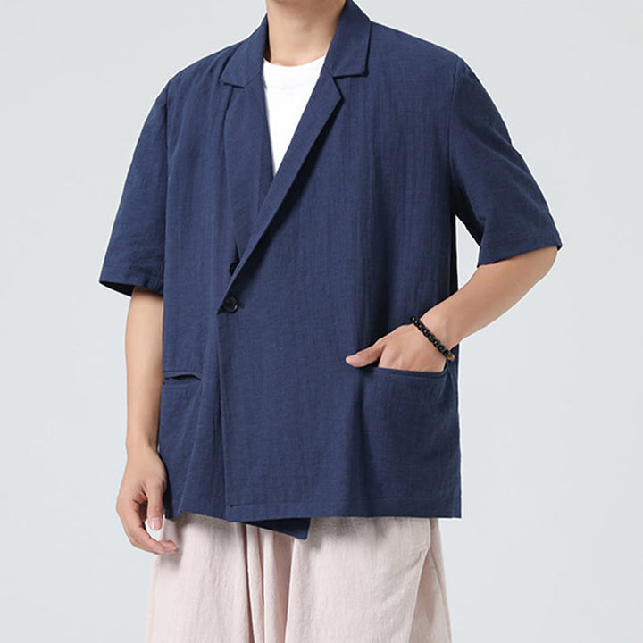 Buddha Stones Camisa de lino y algodón para hombre, de manga corta, asimétrica, con cuello de solapa y bolsillos, de primavera - image 5