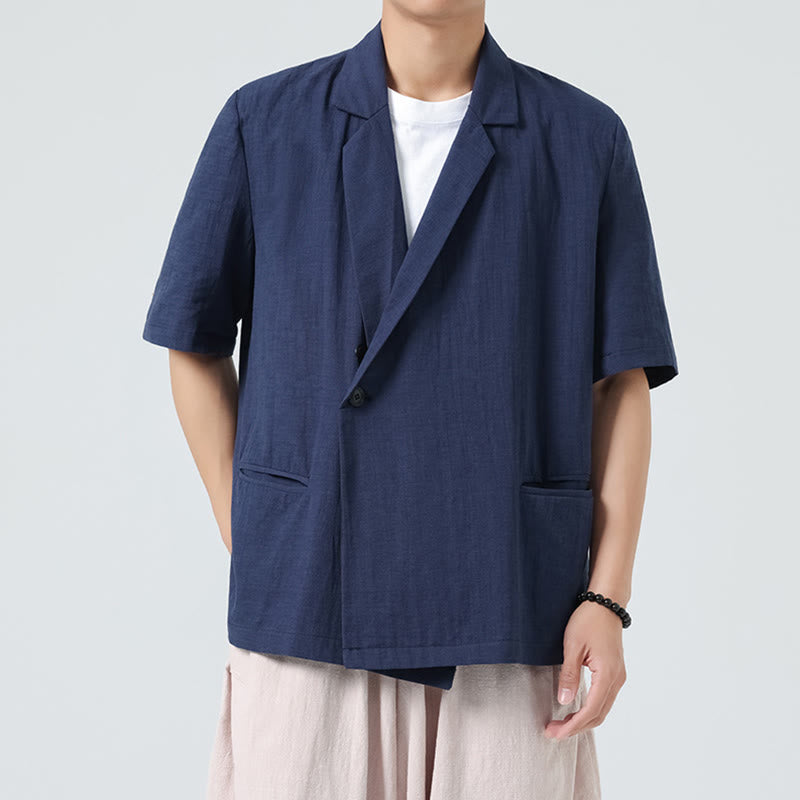 Buddha Stones Camisa de lino y algodón para hombre, de manga corta, asimétrica, con cuello de solapa y bolsillos, de primavera - Azul oscuro - US/UK/AU46, EU56 (5XL) - image 1