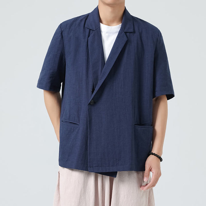 Buddha Stones Camisa de lino y algodón para hombre, de manga corta, asimétrica, con cuello de solapa y bolsillos, de primavera - Azul oscuro - US/UK/AU46, EU56 (5XL) - image 1