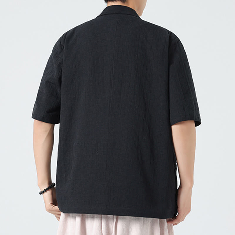 Buddha Stones Camisa de lino y algodón para hombre, de manga corta, asimétrica, con cuello de solapa y bolsillos, de primavera - image 14