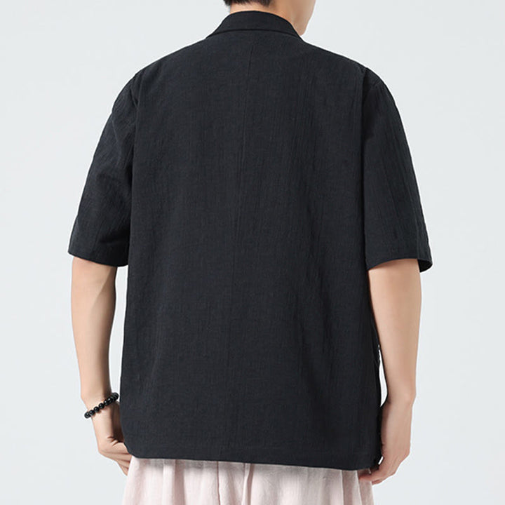 Buddha Stones Camisa de lino y algodón para hombre, de manga corta, asimétrica, con cuello de solapa y bolsillos, de primavera - image 14