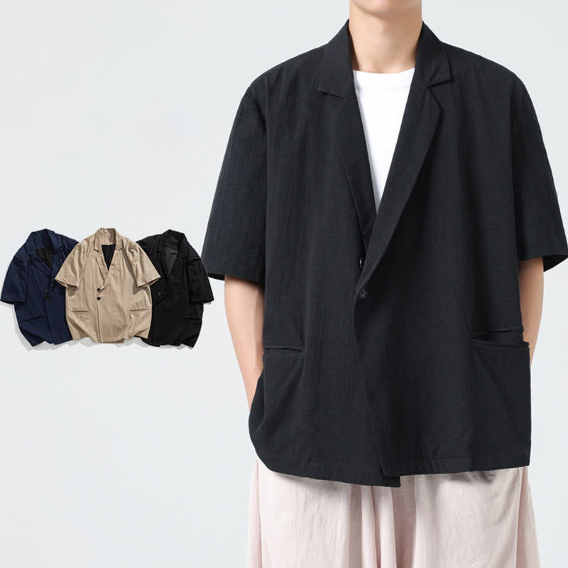 Buddha Stones Camisa de lino y algodón para hombre, de manga corta, asimétrica, con cuello de solapa y bolsillos, de primavera - image 16