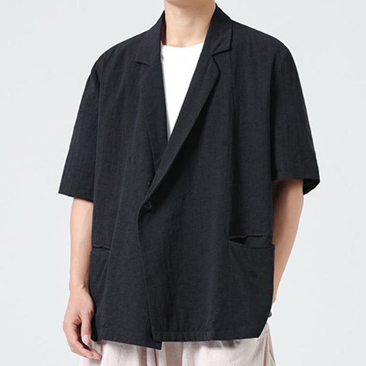 Buddha Stones Camisa de lino y algodón para hombre, de manga corta, asimétrica, con cuello de solapa y bolsillos, de primavera - image 15