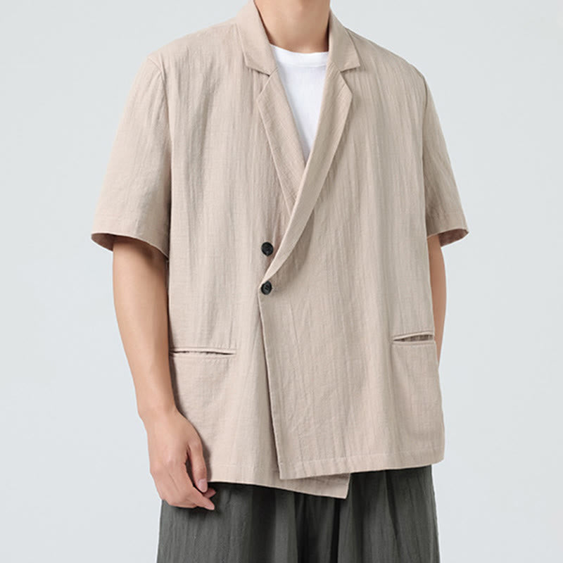 Buddha Stones Camisa de lino y algodón para hombre, de manga corta, asimétrica, con cuello de solapa y bolsillos, de primavera - image 22