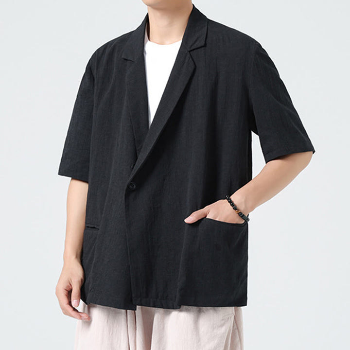 Buddha Stones Camisa de lino y algodón para hombre, de manga corta, asimétrica, con cuello de solapa y bolsillos, de primavera - image 12