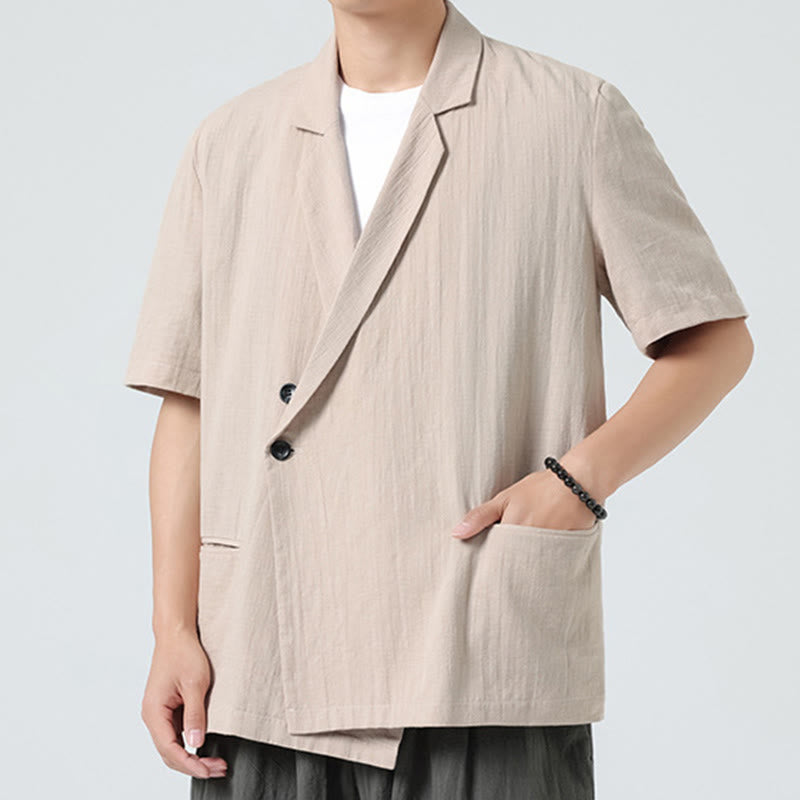 Buddha Stones Camisa de lino y algodón para hombre, de manga corta, asimétrica, con cuello de solapa y bolsillos, de primavera - image 19